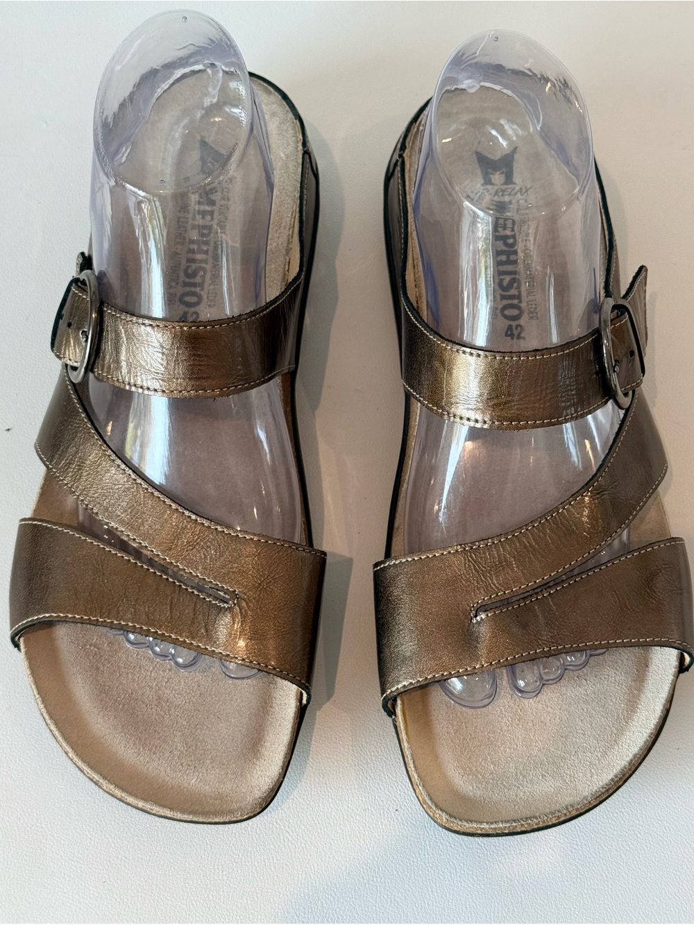 Mephisto Metallic Bronze Leather Buckle Slide Comfort Sandals Cork Footbed 42
